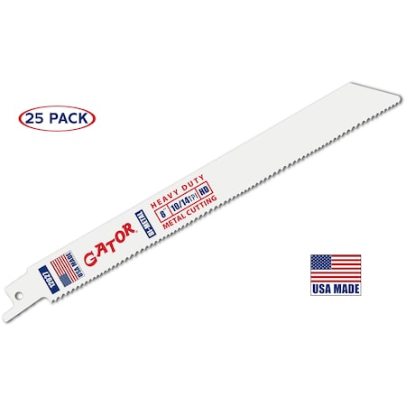 Gator Reciprocating Saw Blade, 8 in x 3/4 in x 10/14 TPI, Heavy Duty Metal/Wood Cutting, 25PK 12027-25